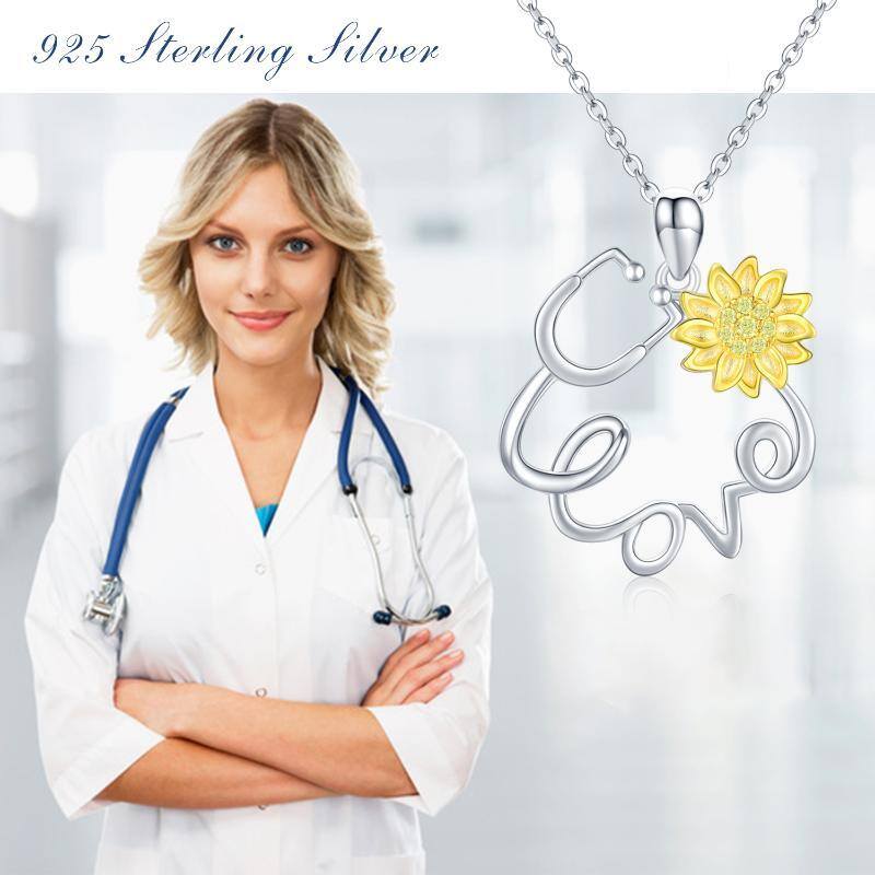 Sterling Silver Circular Shaped Cubic Zirconia Sunflower & Stethoscope Pendant Necklace with Engraved Word-7