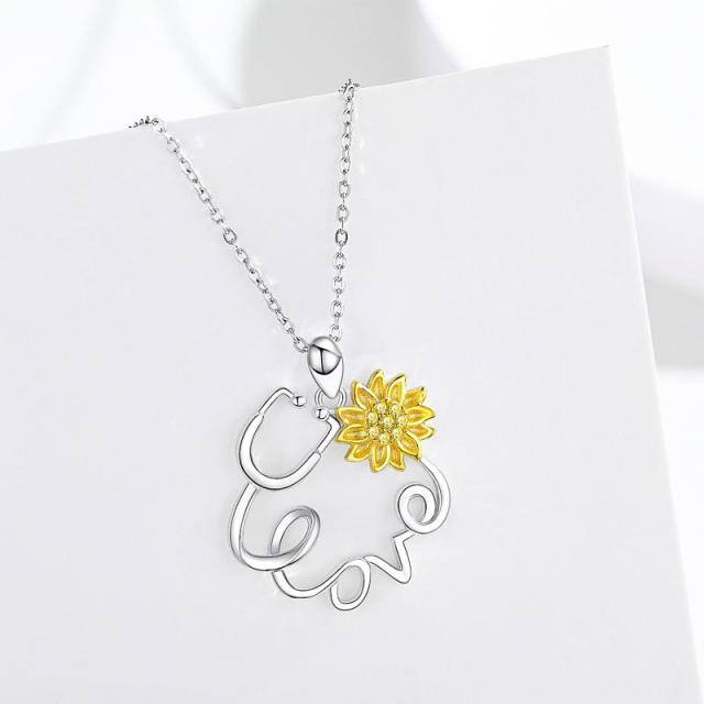 Sterling Silver Circular Shaped Cubic Zirconia Sunflower & Stethoscope Pendant Necklace with Engraved Word-3