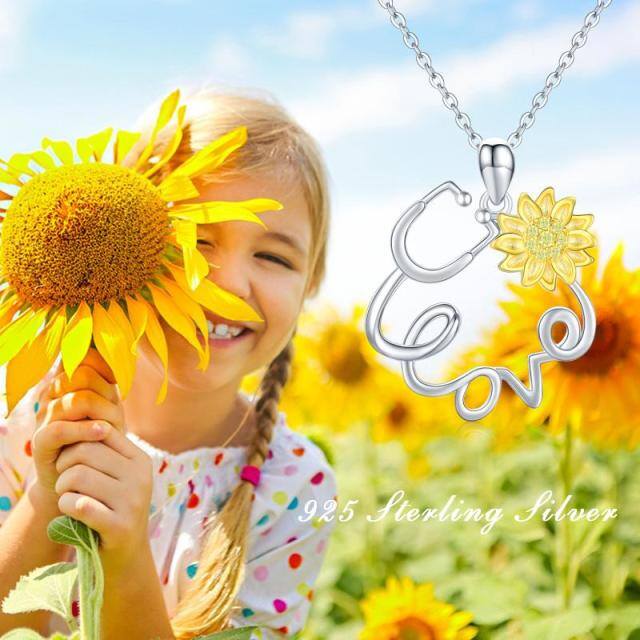 Sterling Silver Circular Shaped Cubic Zirconia Sunflower & Stethoscope Pendant Necklace with Engraved Word-5