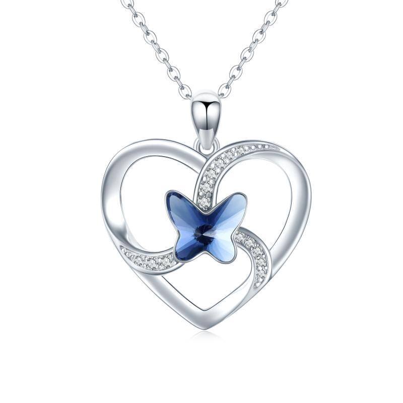 Sterling Silver Crystal Butterfly & Heart Pendant Necklace-1