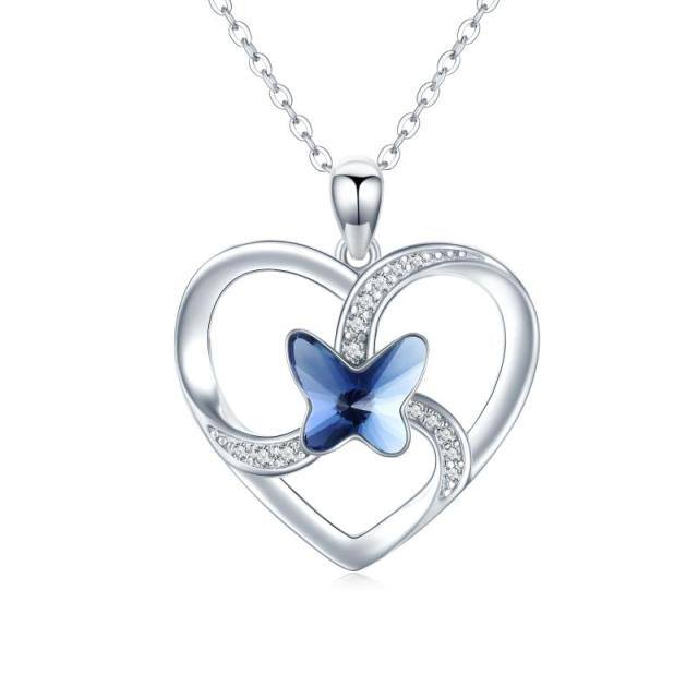 Sterling Silver Crystal Butterfly & Heart Pendant Necklace-0