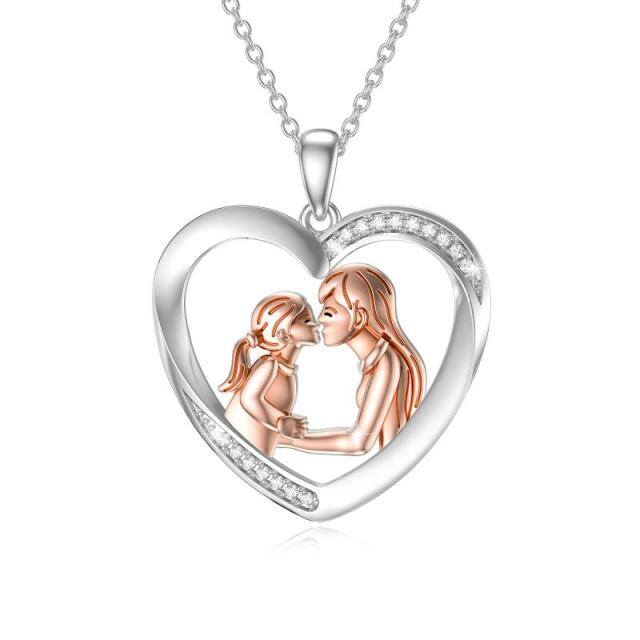 Sterling Silver Two-tone Round Zircon Mother & Daughter Heart Pendant Necklace-5