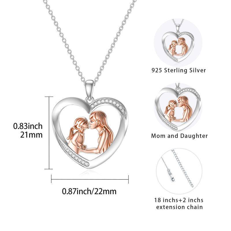 Sterling Silver Two-tone Round Zircon Mother & Daughter Heart Pendant Necklace-5