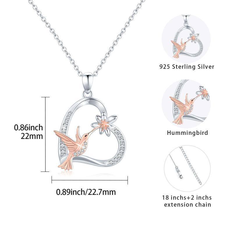 Sterling Silver Two-tone Cubic Zirconia Hummingbird & Heart Pendant Necklace-6