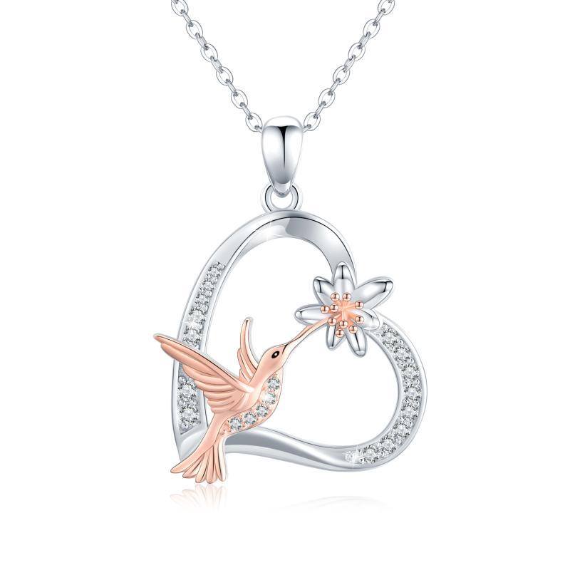 Sterling Silver Two-tone Cubic Zirconia Hummingbird & Heart Pendant Necklace-1