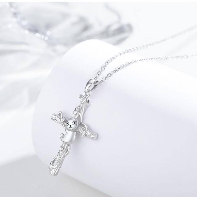 Sterling Silver Sloth & Cross Pendant Necklace-3