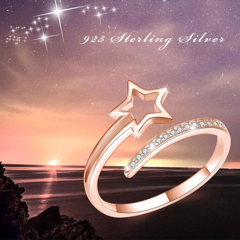Anillo abierto en forma de estrella de plata de ley con diamantes chapados en oro rosa-4