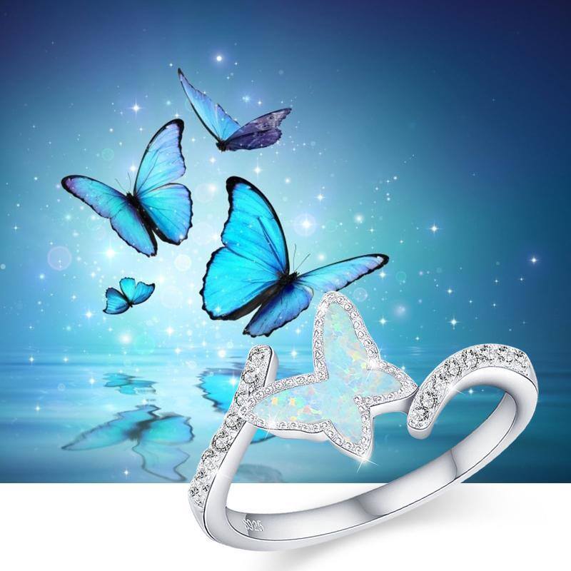 Sterling Silver Cubic Zirconia & Opal Butterfly Open Ring-5