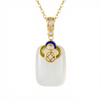 wholesale 925 Sterling Silver Elegant White Jade Rectangle Pendant with Blue Enamel and Radiant Gemstones - JewelryODM-undefined