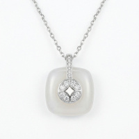 wholesale 925 Sterling Silver Elegant Square Frosted Gemstone Pendant Necklace with Pavé CZ Accents and Silver Chain - JewelryODM-undefined