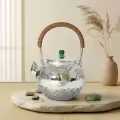 wholesale Pure 999 Fine Silver Exquisite Silver Teapot with Handcrafted Carp Design, Woven Rattan Handle, and Green Stone Finial - Handicraft-0-2