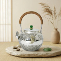 wholesale 999 Pure Silver Teapot Gold Plated Koi Fish Wave Engraved Rattan Handle Green Jade Knob-0-2