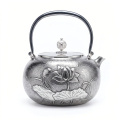wholesale 999 Pure Silver Teapot Handcrafted Embossed Lotus Flower Tea Kettle-0-0
