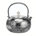 wholesale 999 Pure Silver Teapot Engraved Lotus Fish Handcrafted Tea Kettle-0-0