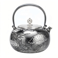 wholesale 999 Pure Silver Teapot Engraved Lotus Fish Handcrafted Tea Kettle-undefined