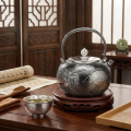 wholesale 999 Pure Silver Teapot Engraved Lotus Fish Handcrafted Tea Kettle-0-3