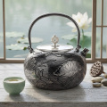 wholesale 999 Pure Silver Teapot Engraved Lotus Fish Handcrafted Tea Kettle-0-2