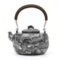 wholesale 999 Pure Silver Handcrafted Carp Lotus Embossed Rattan Handle Teapot-undefined
