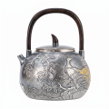 wholesale 999 Pure Silver Teapot Hammered Peacock Gold Plated Wooden Handle Tea Kettle-0-0