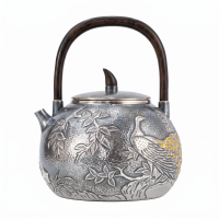 wholesale 999 Pure Silver Teapot Hammered Peacock Gold Plated Wooden Handle Tea Kettle-undefined