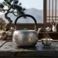 wholesale Pure 999 Fine Silver Artisan Silver Teapot with Traditional Landscape Engravings and Green Jade Rings Wholesale Knob - Handicraft-0-3