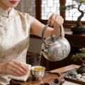 wholesale 999 Pure Silver Hammered Teapot Engraved Bird Plum Blossom Vintage Kettle-0-2