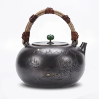 wholesale 999 Pure Silver Handcrafted Silver Teapot with Mountain Landscape Engraving and Green Jade Finial - Handicraft-undefined