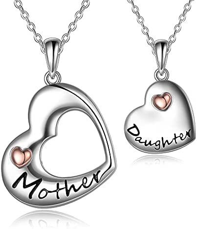 Sterling Silver Two-tone Mother & Daughter Heart Pendant Couple Necklaces-1