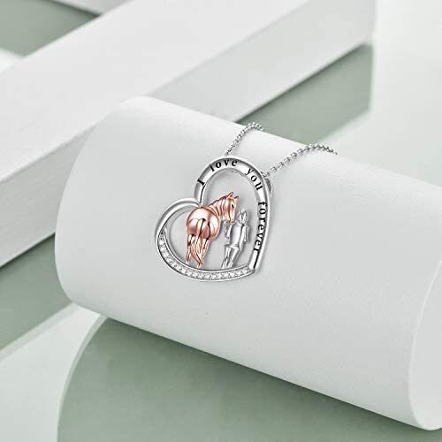 Sterling Silver Two-tone Circular Shaped Cubic Zirconia Horse & Heart Pendant Necklace with Engraved Word-2