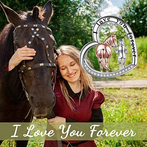 Sterling Silver Two-tone Circular Shaped Cubic Zirconia Horse & Heart Pendant Necklace with Engraved Word-5