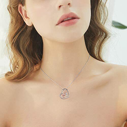 Sterling Silver Two-tone Circular Shaped Cubic Zirconia Horse & Heart Pendant Necklace with Engraved Word-1
