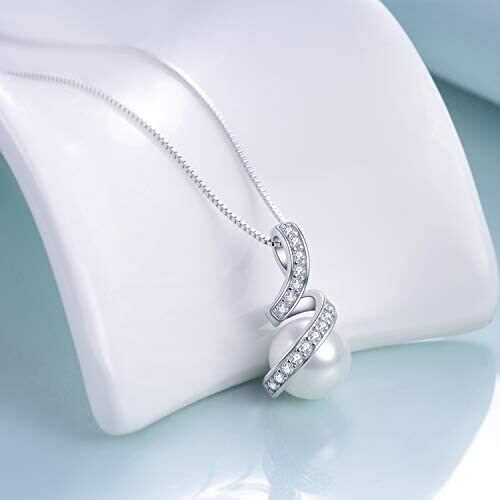 Sterling Silver Circular Shaped Cubic Zirconia & Pearl Round Pendant Necklace-2