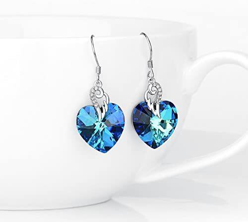 Sterling Silver Heart Shaped Crystal Heart Drop Earrings-3