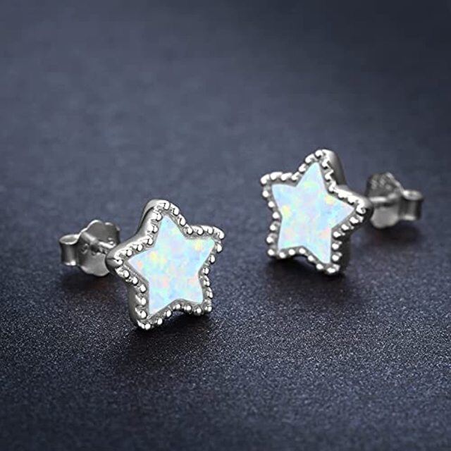 Sterling Silver Opal Star Stud Earrings-3