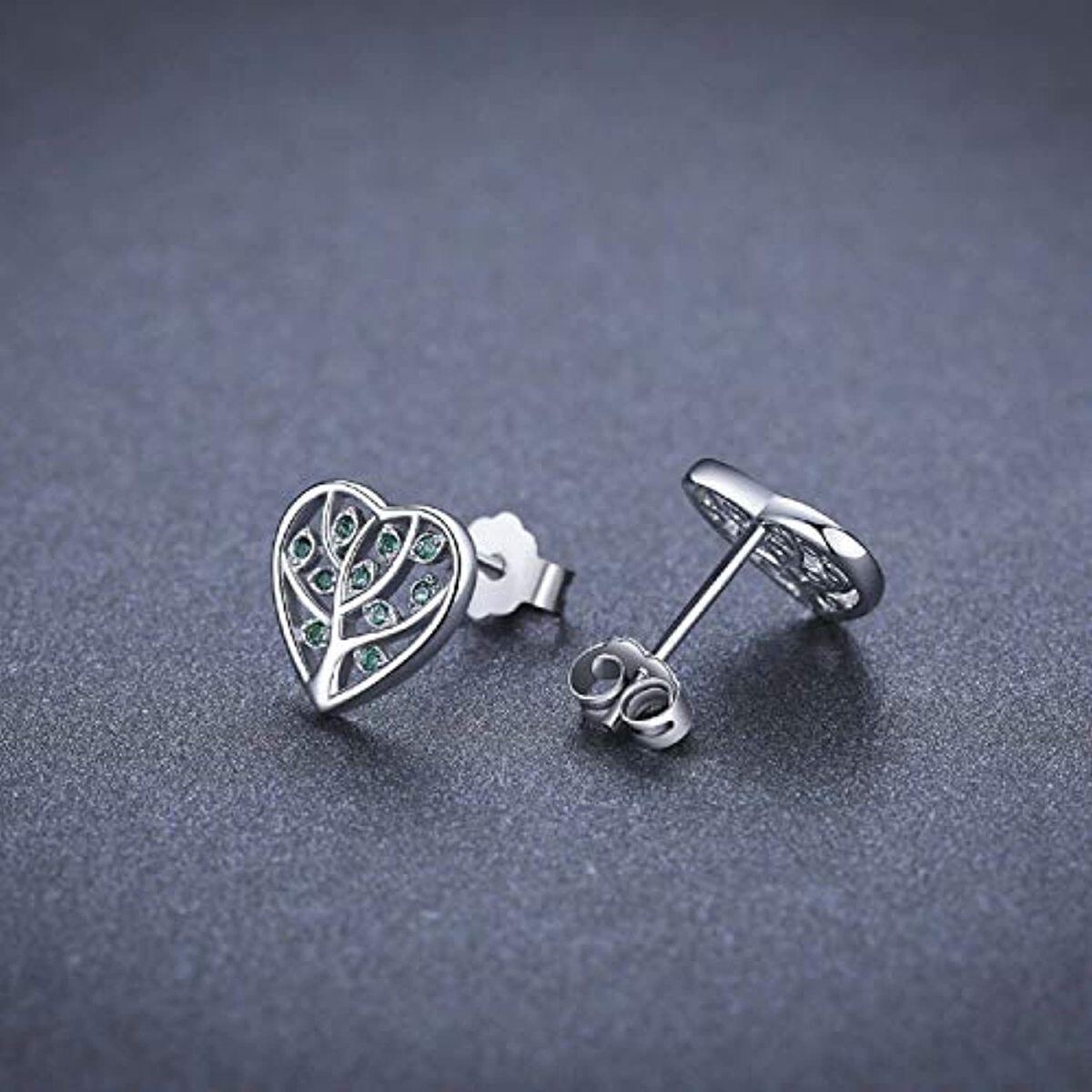 Sterling Silver Cubic Zirconia Tree Of Life & Heart Stud Earrings-4