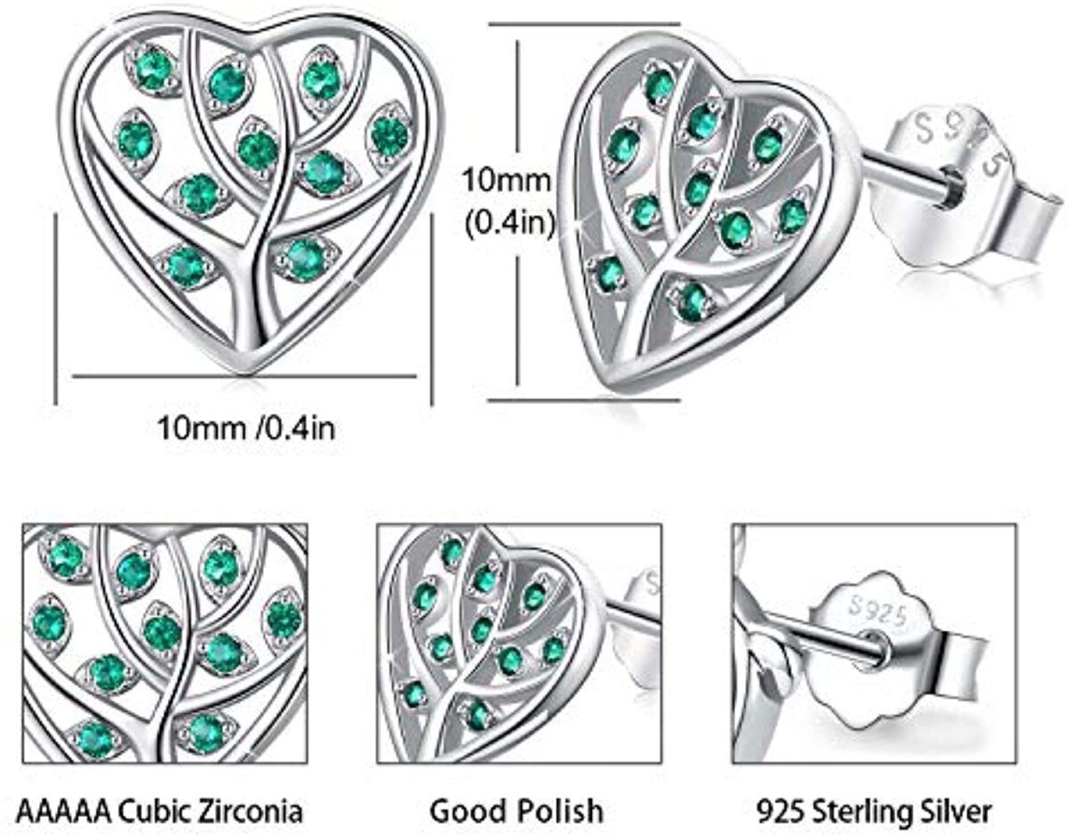 Sterling Silver Cubic Zirconia Tree Of Life & Heart Stud Earrings-5