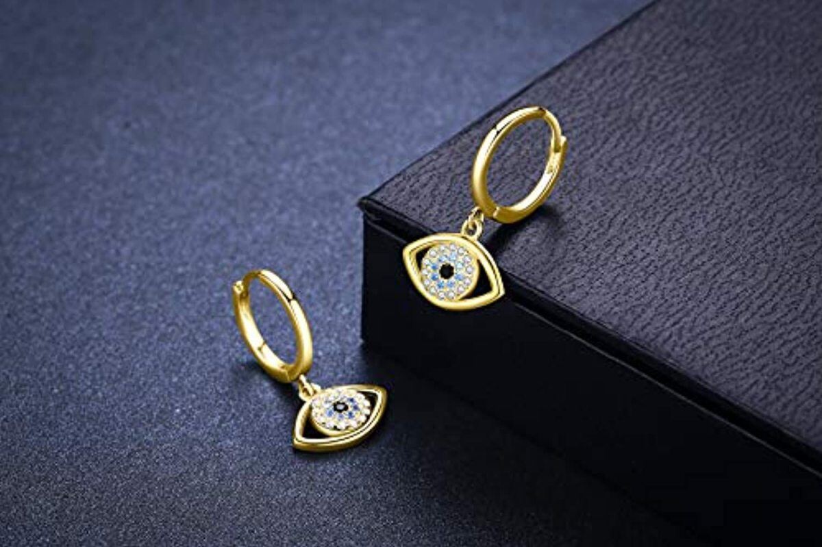 Sterling Silver with Yellow Gold Plated Circular Shaped Cubic Zirconia Evil Eye Drop Earrings-4