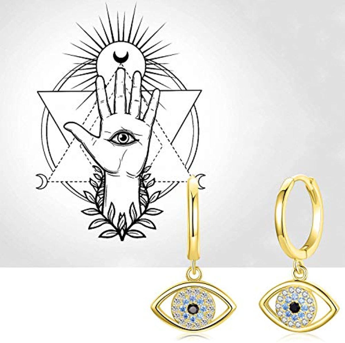 Sterling Silver with Yellow Gold Plated Circular Shaped Cubic Zirconia Evil Eye Drop Earrings-6