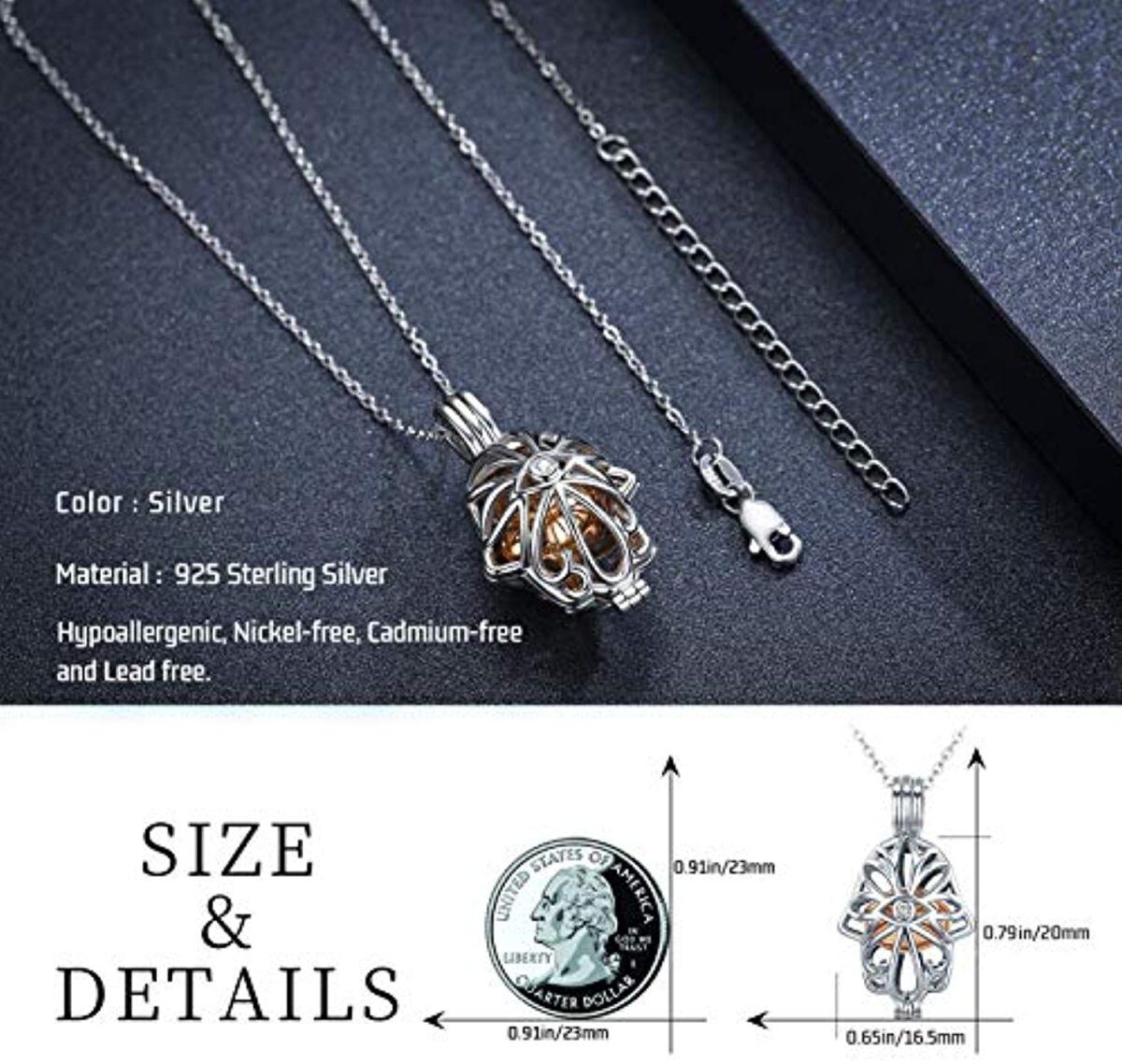 Sterling Silver Two-tone Circular Shaped Cubic Zirconia Lotus & Evil Eye & Hamsa Hand Urn Necklace for Ashes-4