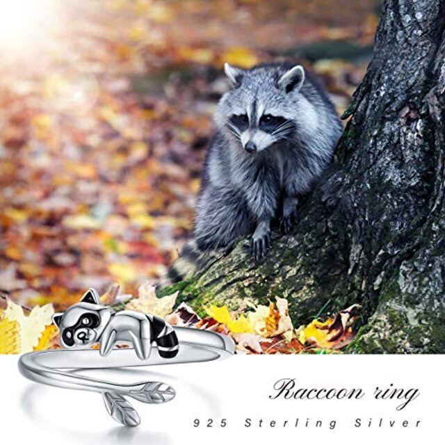 Bague ouverte en argent Sterling Raccoon & Leaves-3