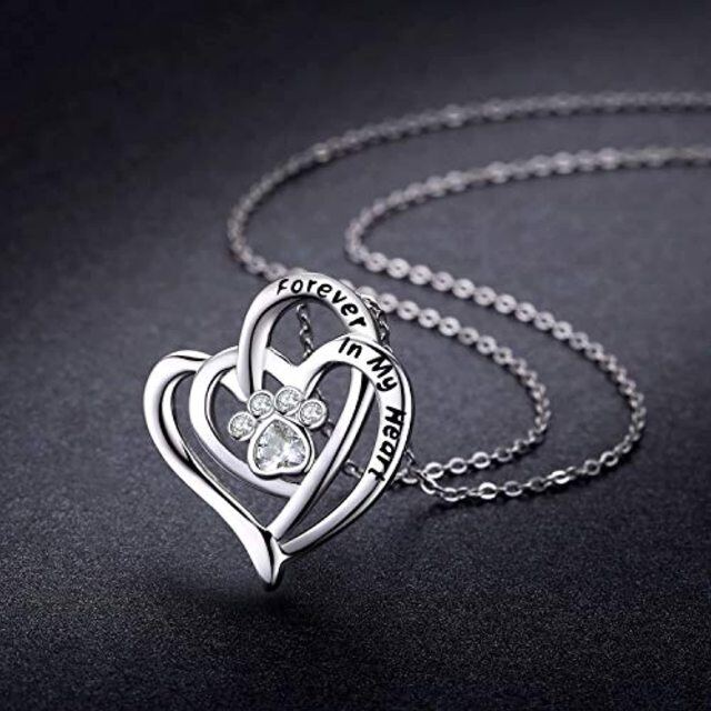 Sterling Silver Heart Shaped Crystal & Cubic Zirconia Dog & Paw & Heart Pendant Necklace with Engraved Word-3