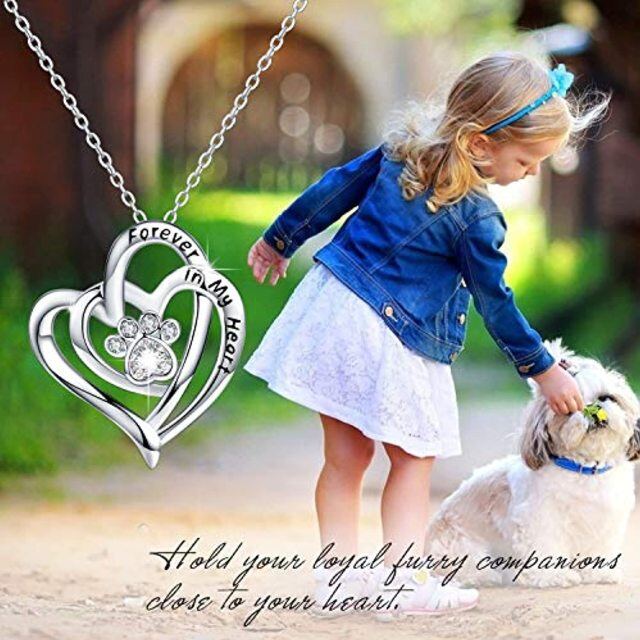 Sterling Silver Heart Shaped Crystal & Cubic Zirconia Dog & Paw & Heart Pendant Necklace with Engraved Word-5