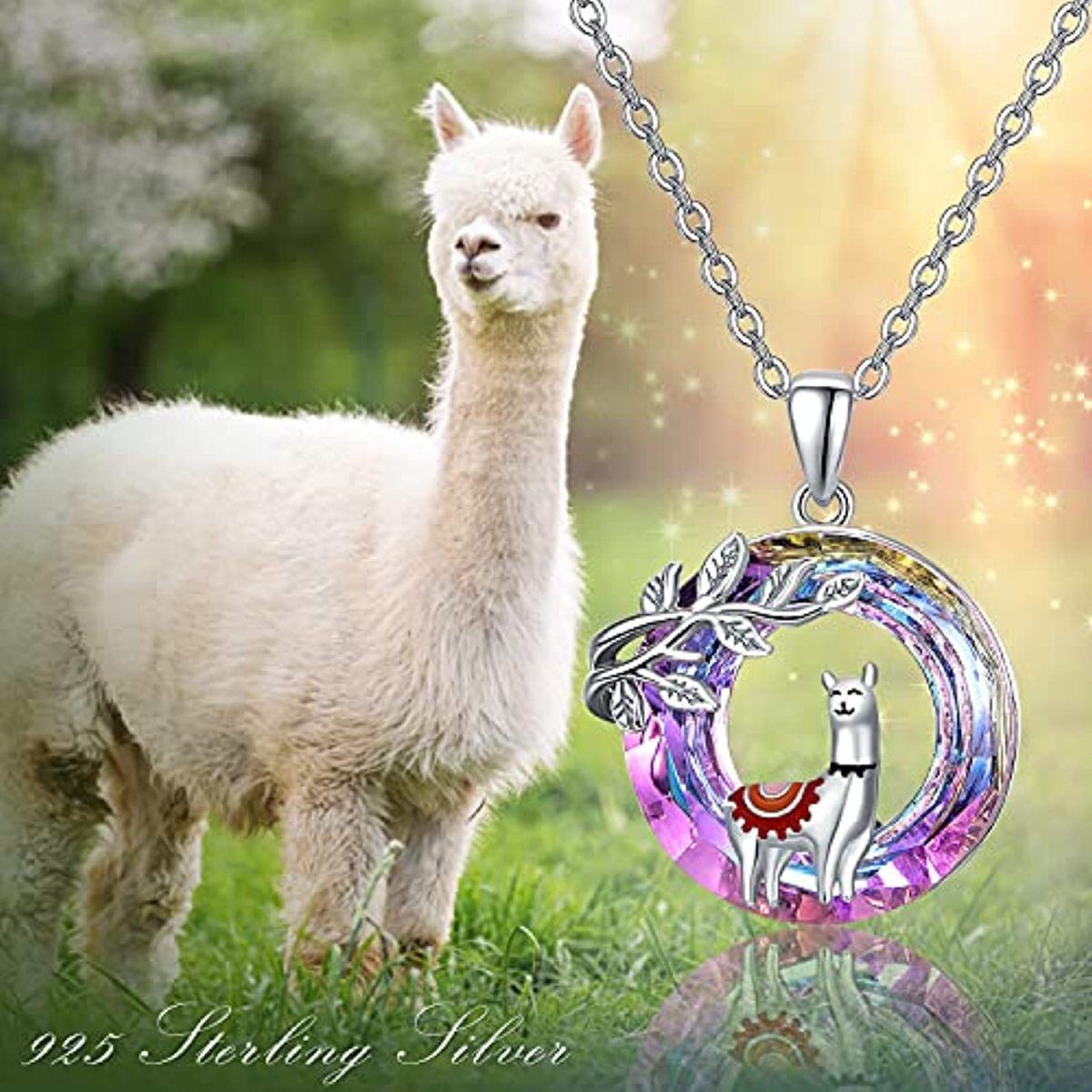 Sterling Silver Circular Shaped Alpaca Crystal Pendant Necklace-6