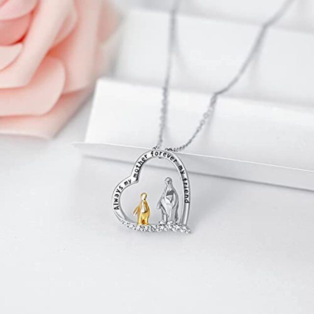 Collana con ciondolo a forma di cuore di pinguino in argento bicolore con zirconia cubica e parola incisa-4