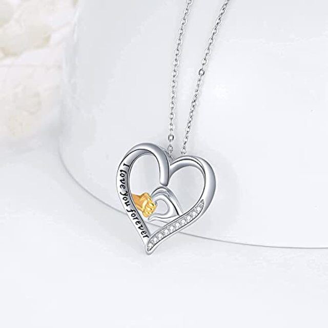 Sterling Silver Round Zircon Heart Pendant Necklace with Engraved Word-3