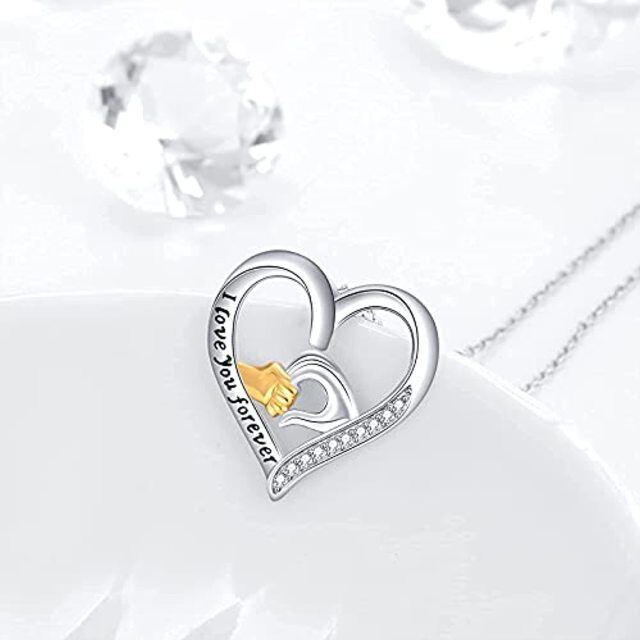 Sterling Silver Round Zircon Heart Pendant Necklace with Engraved Word-4