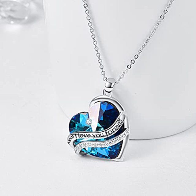 Sterling Silver Heart Blue Crystal Pendant Necklace Engraved Mom I Love You Forever-2