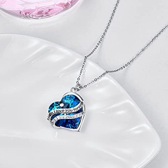 Colar com pingente de prata esterlina com coração e cristal azul gravado Mom I Love You Forever-3