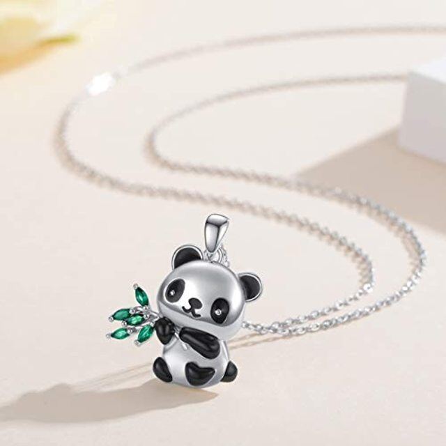 Sterling Silver Cubic Zirconia Panda & Bamboo Pendant Necklace-4