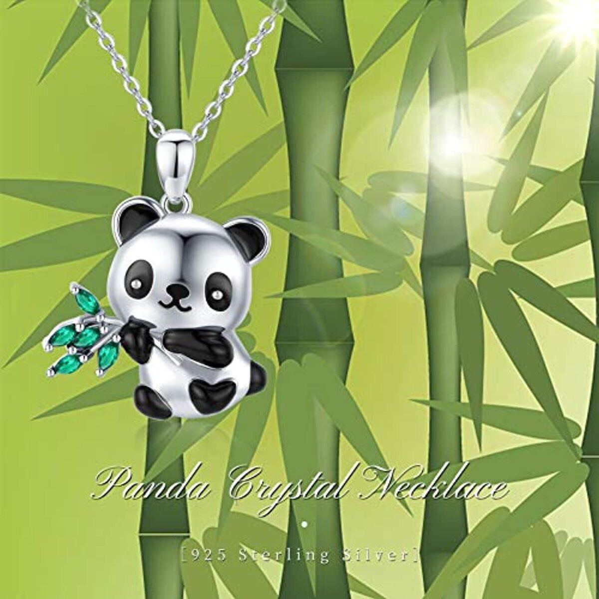 Sterling Silber Cubic Zirkonia Panda & Bambus-Anhänger Halskette-5